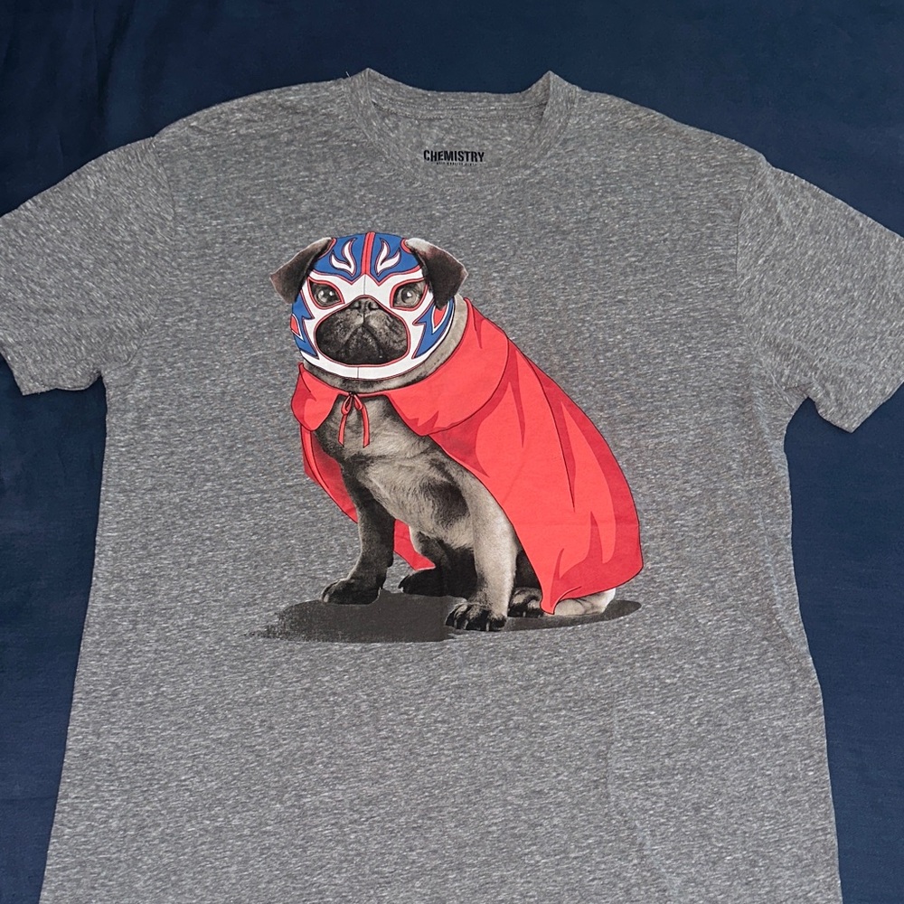 Chemistry Gray Tee with Red-Caped Pug and Blue Mask Graphic
